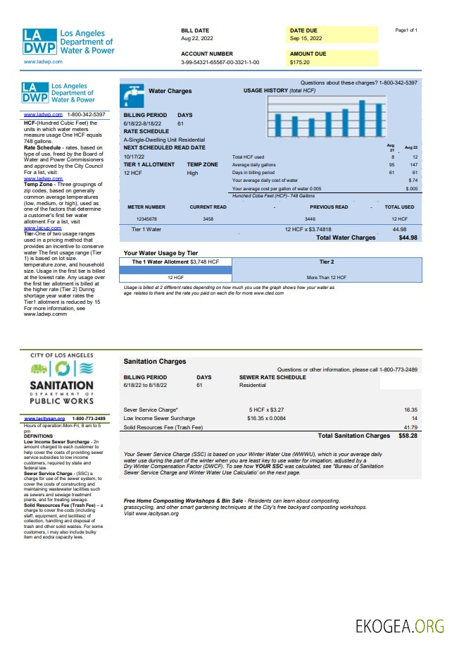 USA LA DWP utility bill template in Word and PDF format
